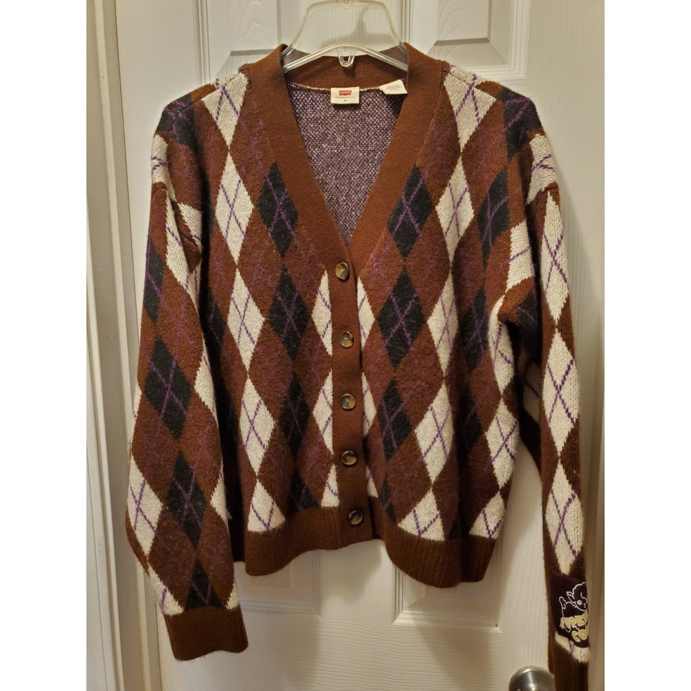 Levi's Cardigan XS oversize button Super Cozy argyle brown cream preppy Academia